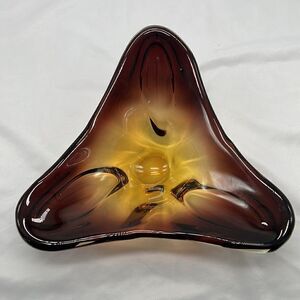 Vintage Art Glass Dish Brown & Yellow Handmade Blown Glass Polished Bottom